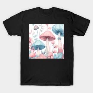 Pink and Sky Blue Mushroom Pattern on White T-Shirt